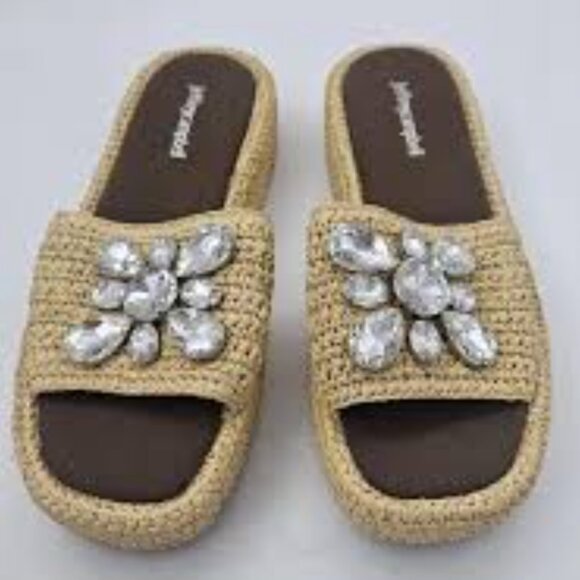 Jeffrey Campbell Jeweled Raffia Slide Sandals • Crystal Embellished Woven Slides - Picture 1 of 3